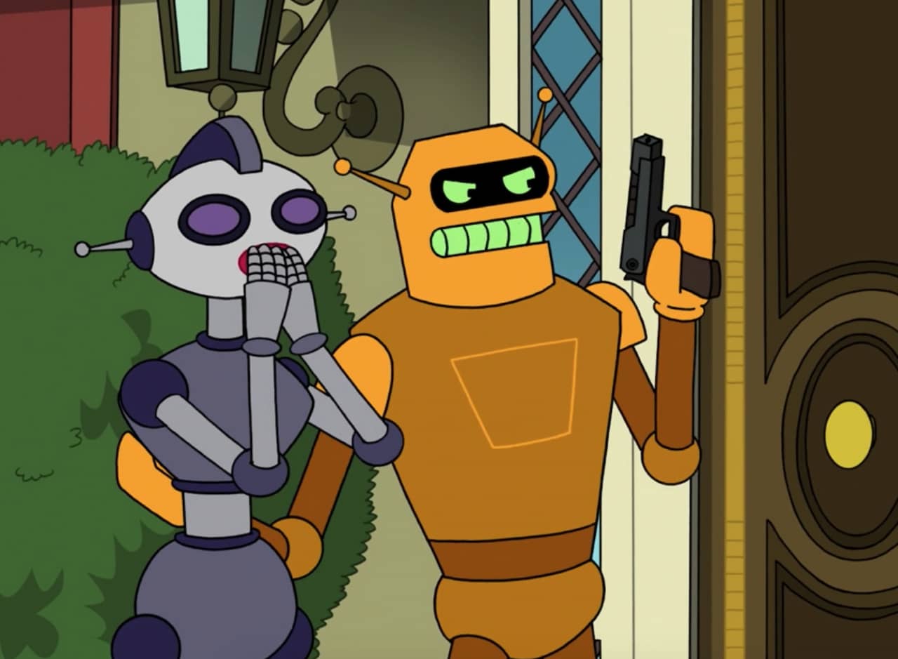 Monique is nervous as Calculon raises a handgun to protect her