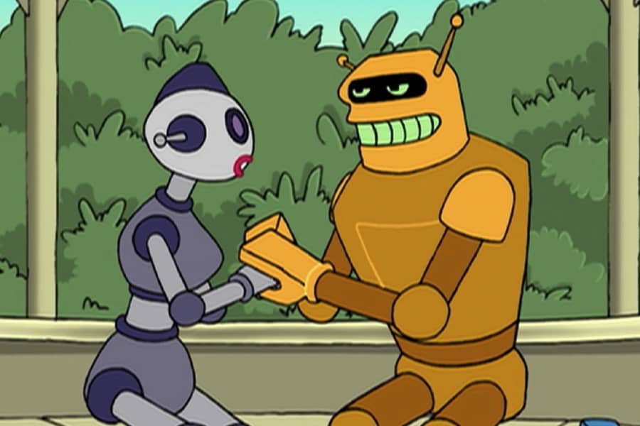 Monique and Calculon romantically hold hands in a pergola