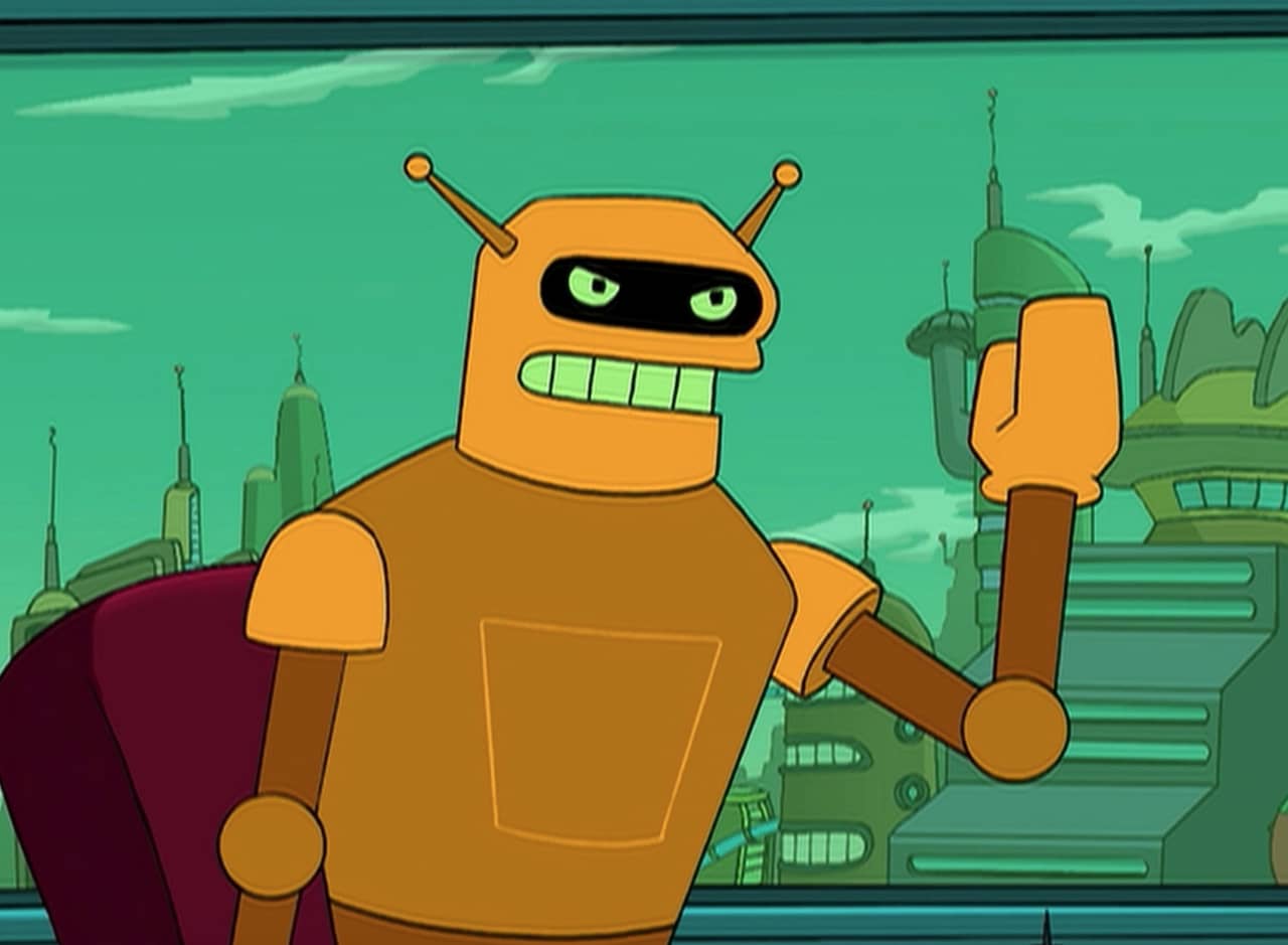 Calculon raises his hand and furrows his robot brow