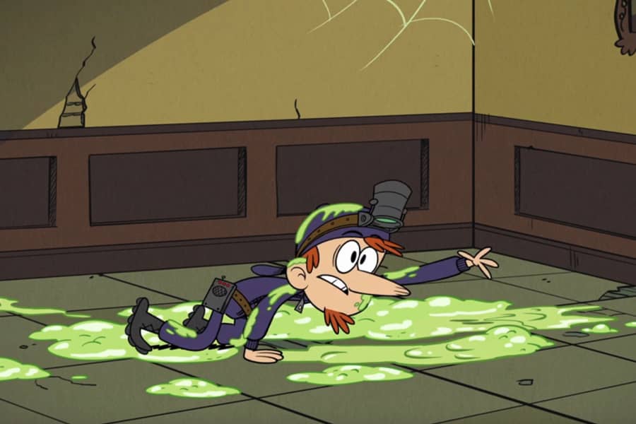 Hunter crawling through some neon green goo on the floor