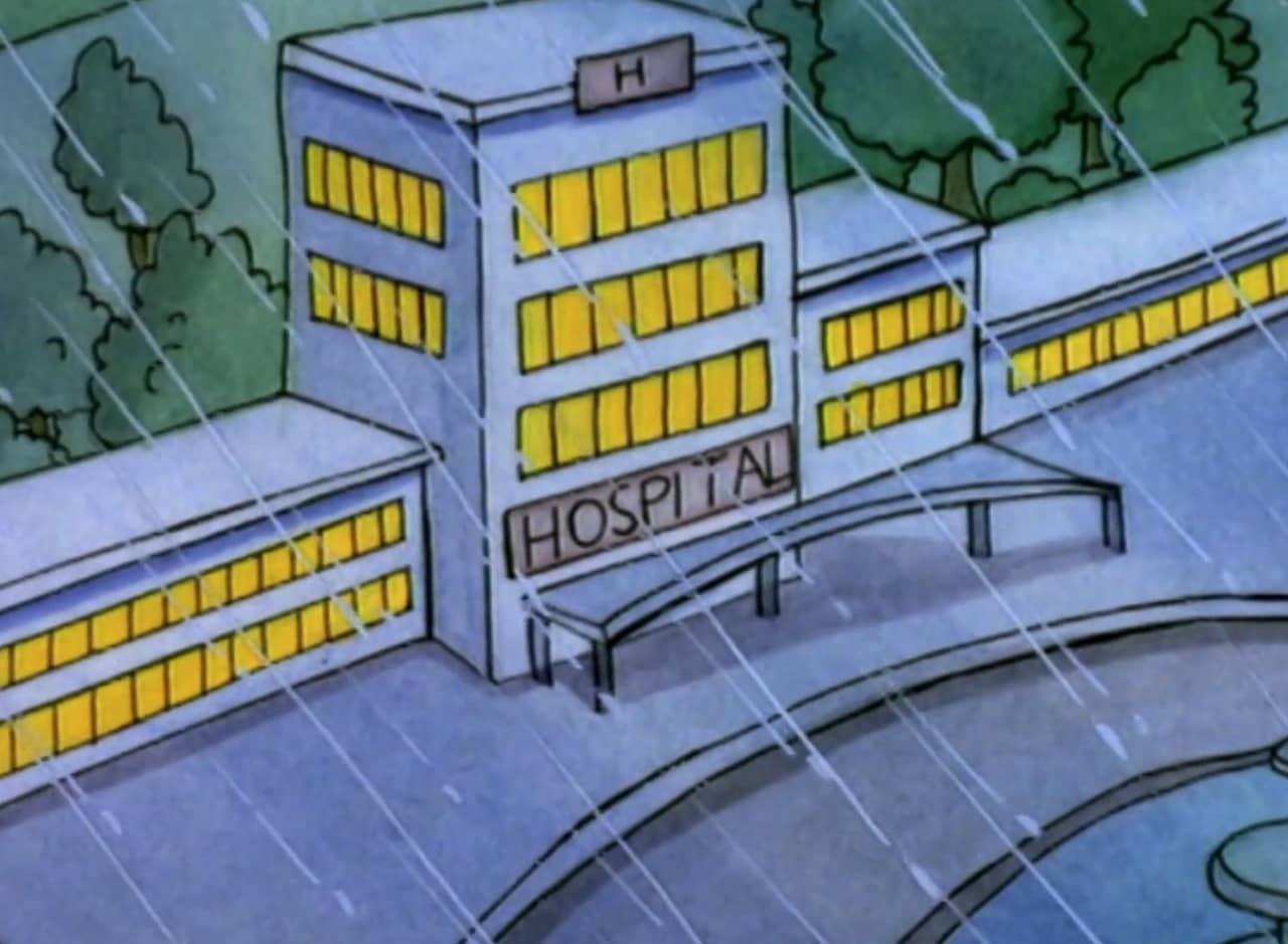 a hospital in the rain