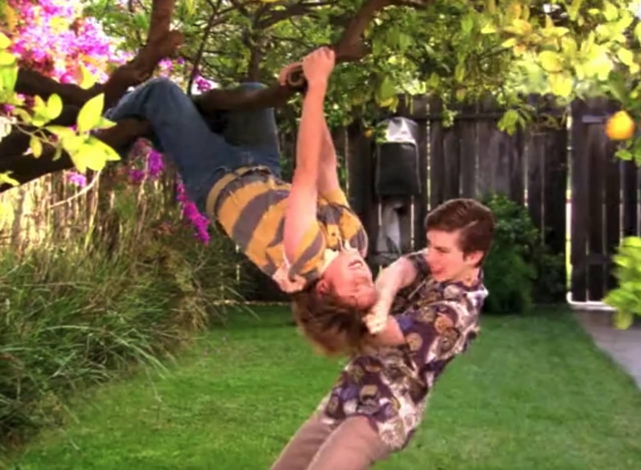 a boy pulls the hair of another boy dangling from a tree branch