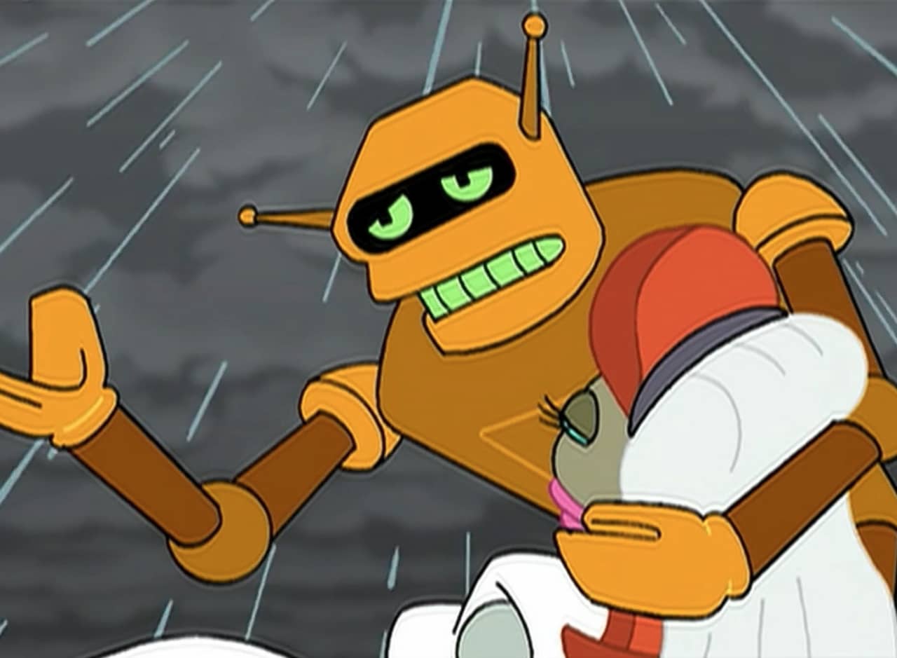 Calculon weeps in the rain over a dead Coilette