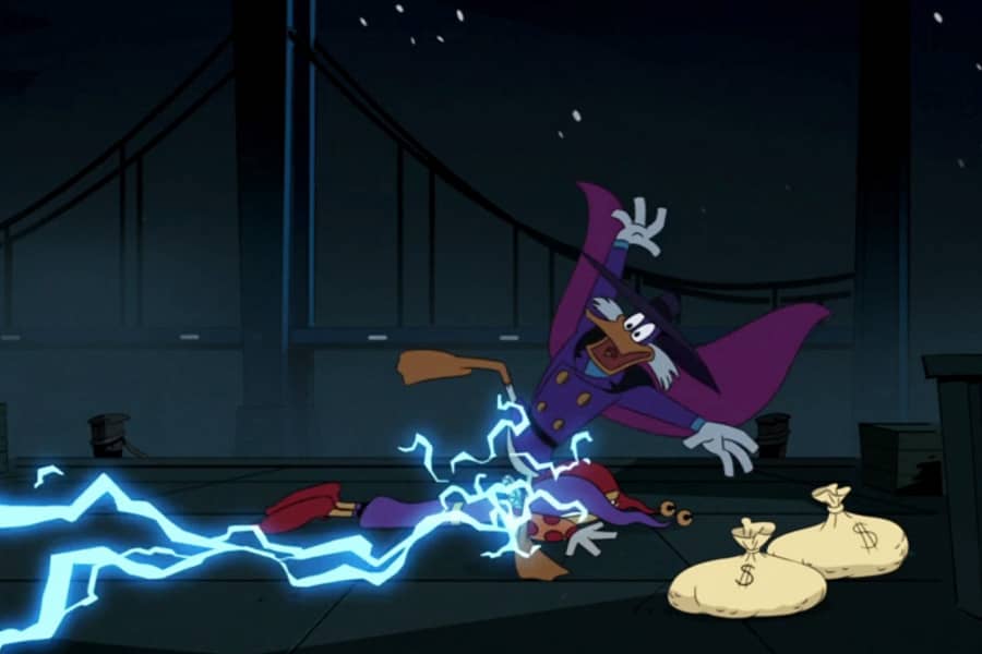 Darkwing Duck dodges an electric bolt