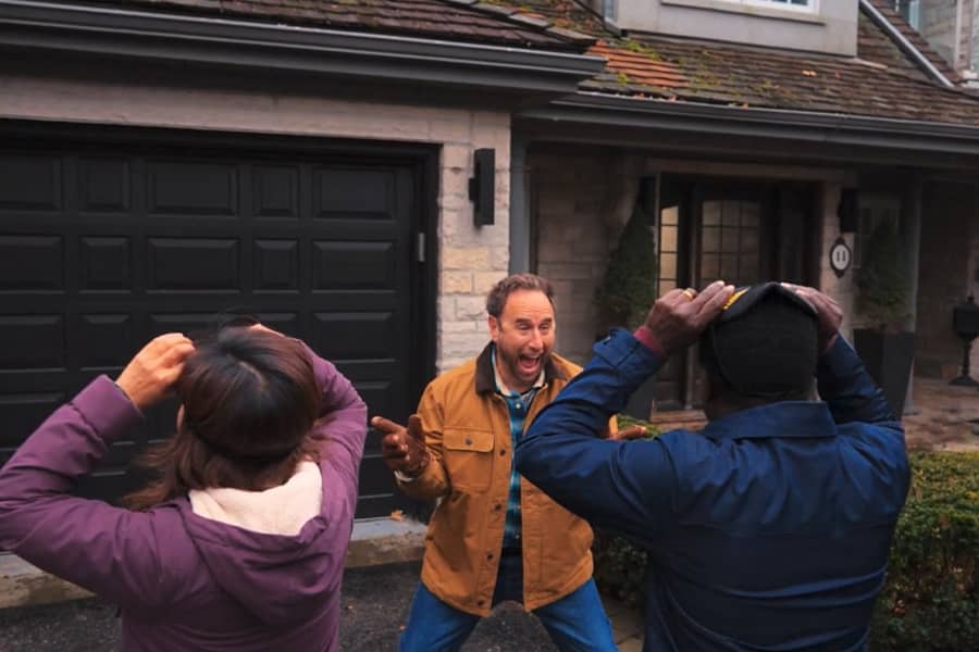 Bran excitedly reveals a home to two clients as they remove blindfolds