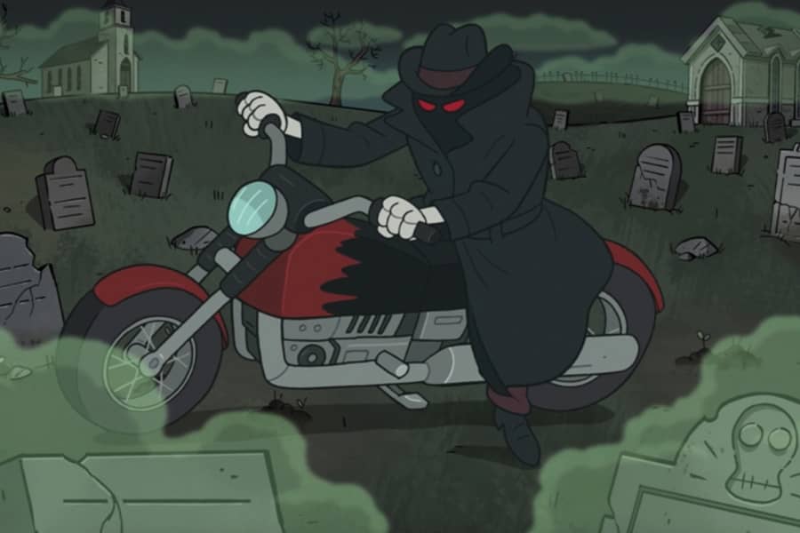 a cloaked man with glowing red eyes rides a motorcycle in a cemetery