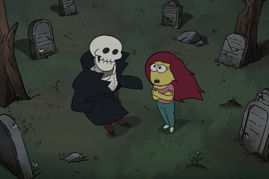 skeleton removes his coat as the woman shivers nearby