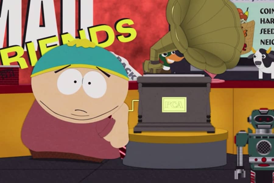 Cartman cranking a gramophone