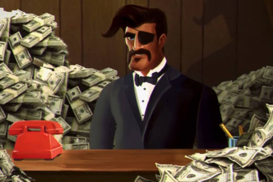 adult Alejandro sits by a red telephone and is surrounded by piles of cash