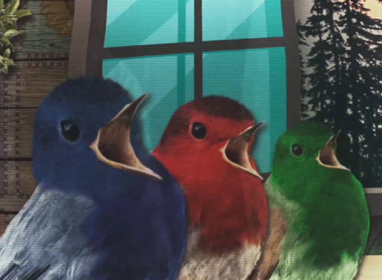 three singing birds, one blue, one red, and one green