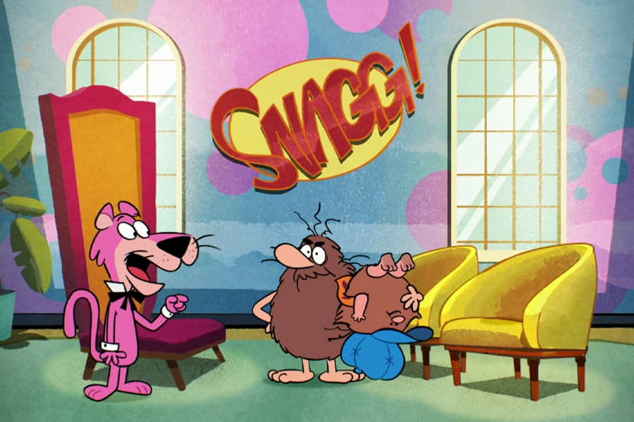 Snagglepuss next to Captain Caveman holding Cavey Jr. upside down