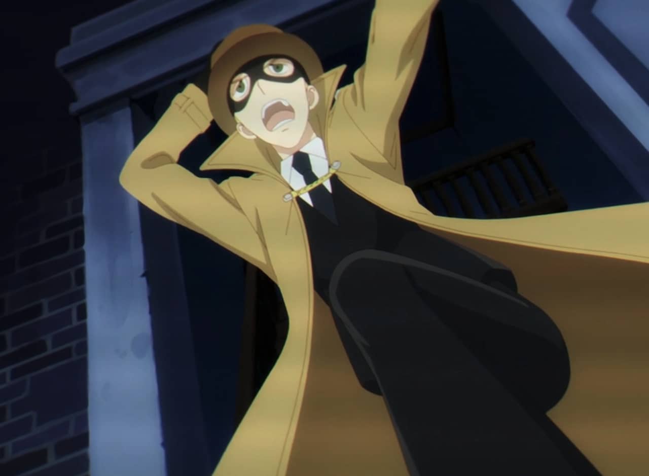 Bondman, wearing a suit, trench coat, eye mask, and hat, bursts through a door 