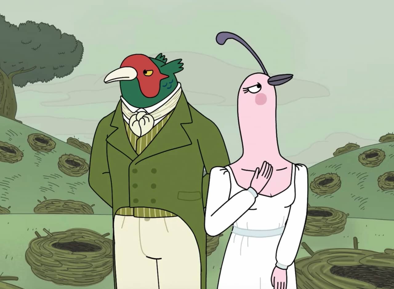 two anthropomorphic birds dressed in Regency era English clothing