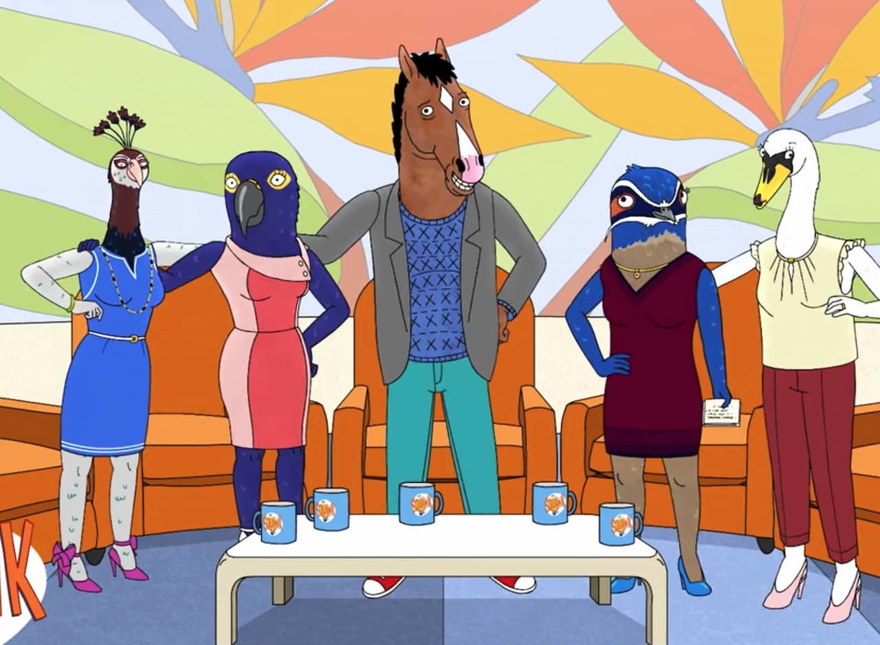 BoJack Horseman on a talk show with four women bird hosts