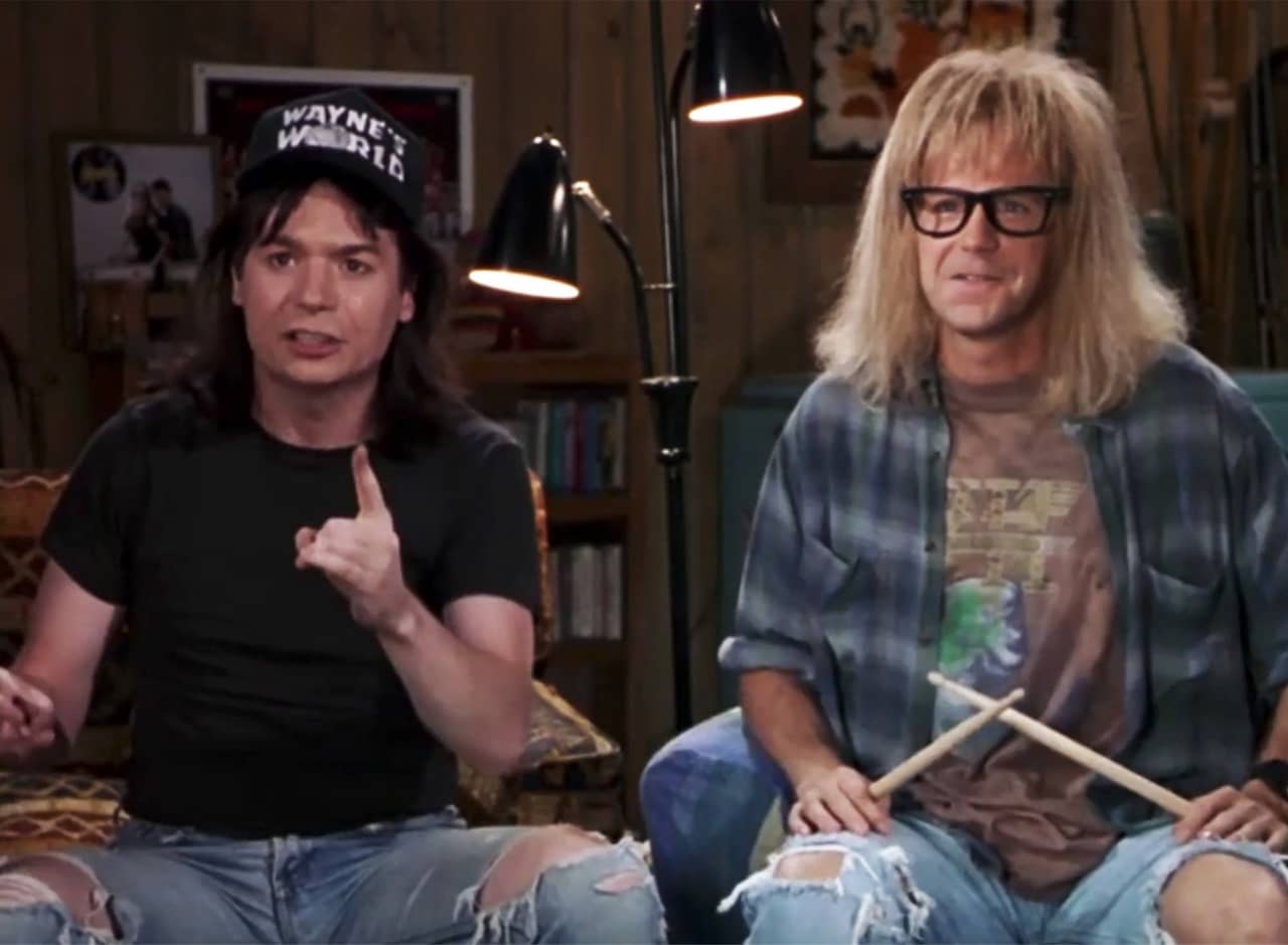 Wayne and Garth in their basement studio